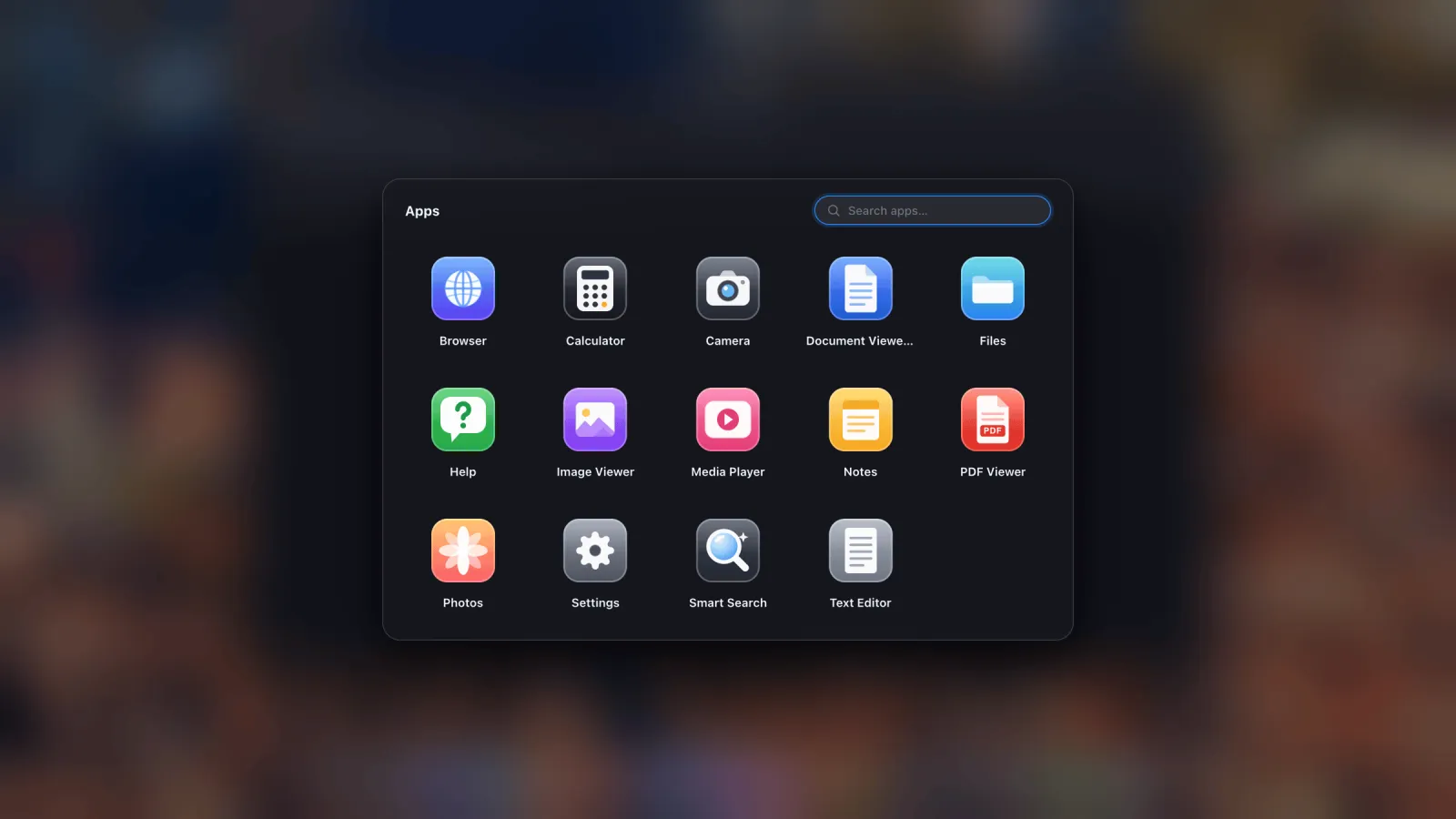 The Apps drawer open over the desktop, showing a grid of app and site icons with a search field.