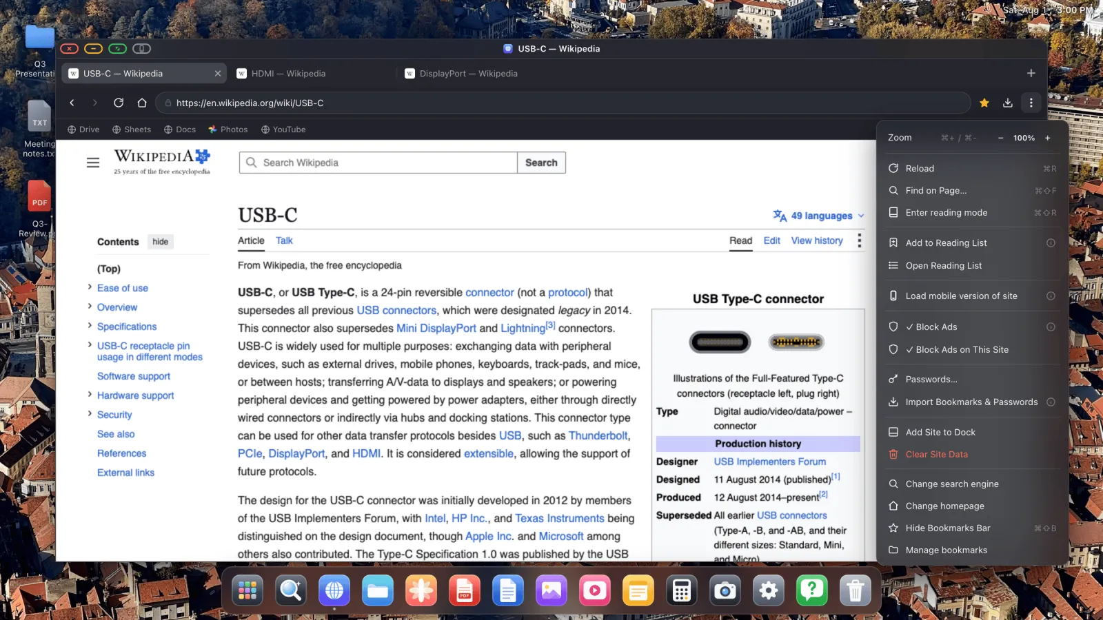 The options menu showing Block Ads and Block Ads on This Site, both ticked.