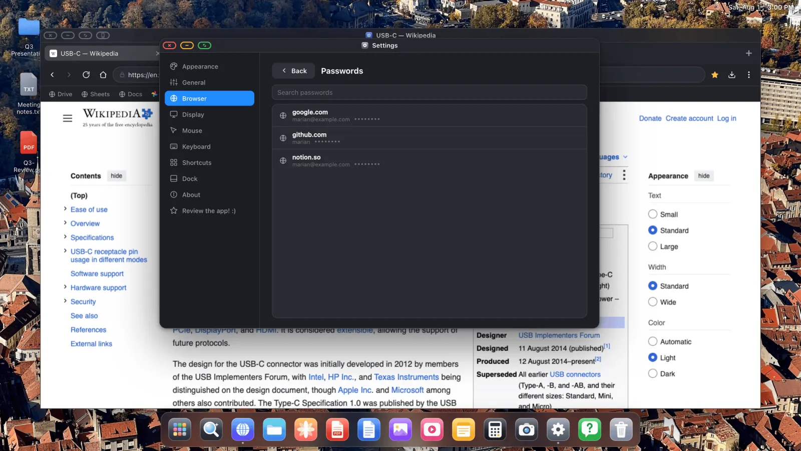 The saved passwords panel listing sites, usernames and hidden passwords with reveal, copy and delete buttons.