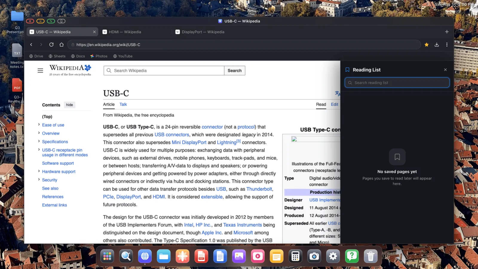 The reading list panel showing saved pages with titles and hosts.