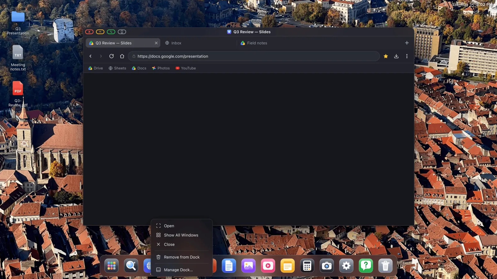 The context menu on a dock item.