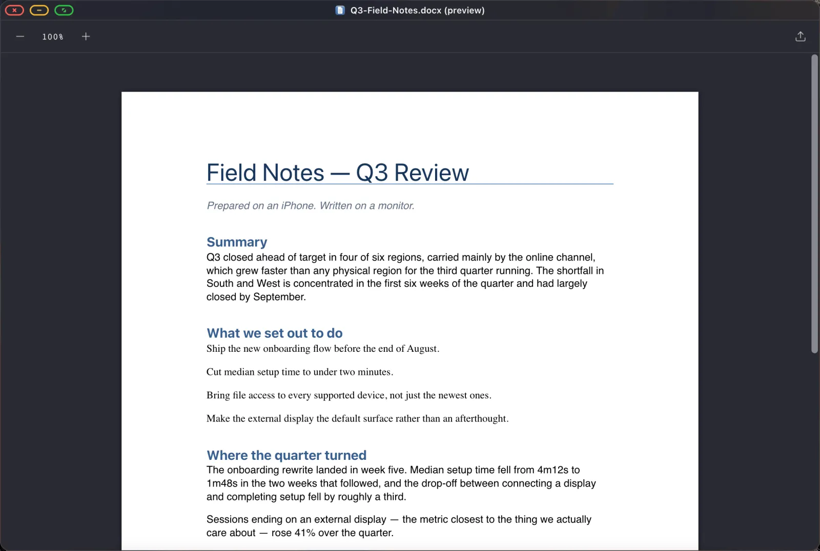 A Word document open in the XeOS Document Viewer, showing headings, body text, a bulleted list and a table.