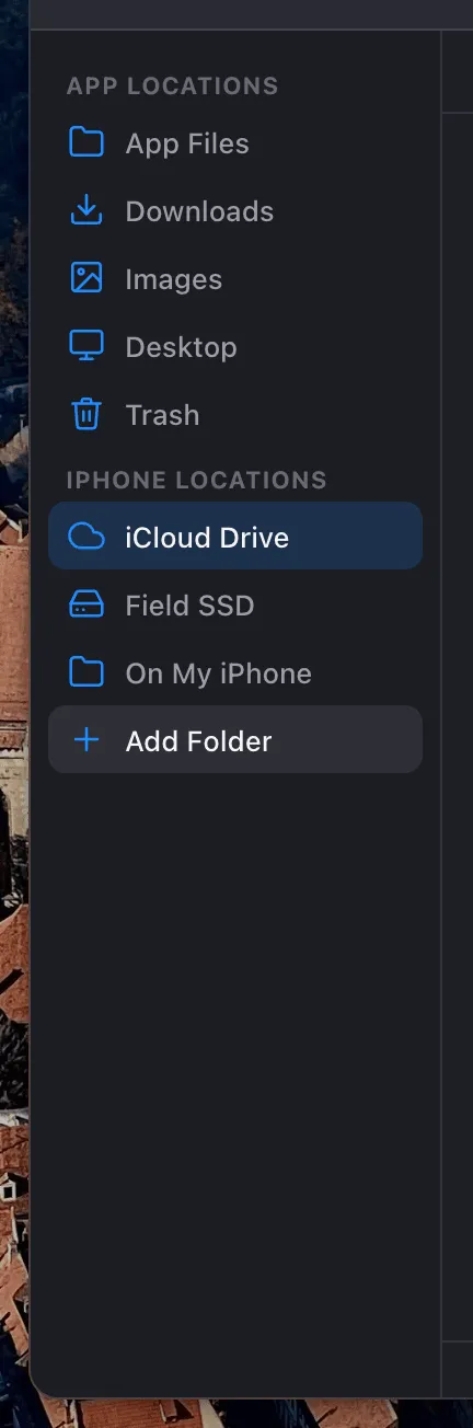 The Add Folder row highlighted at the bottom of the Files sidebar.