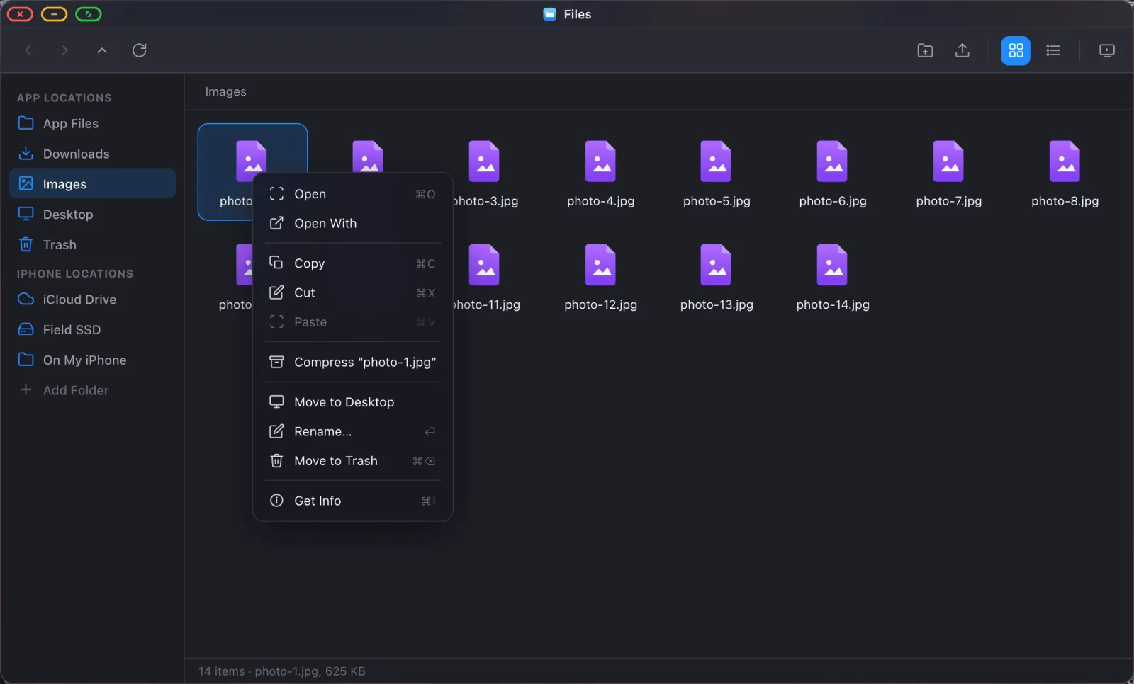 Right-click menu on a file in the XeOS Files app.