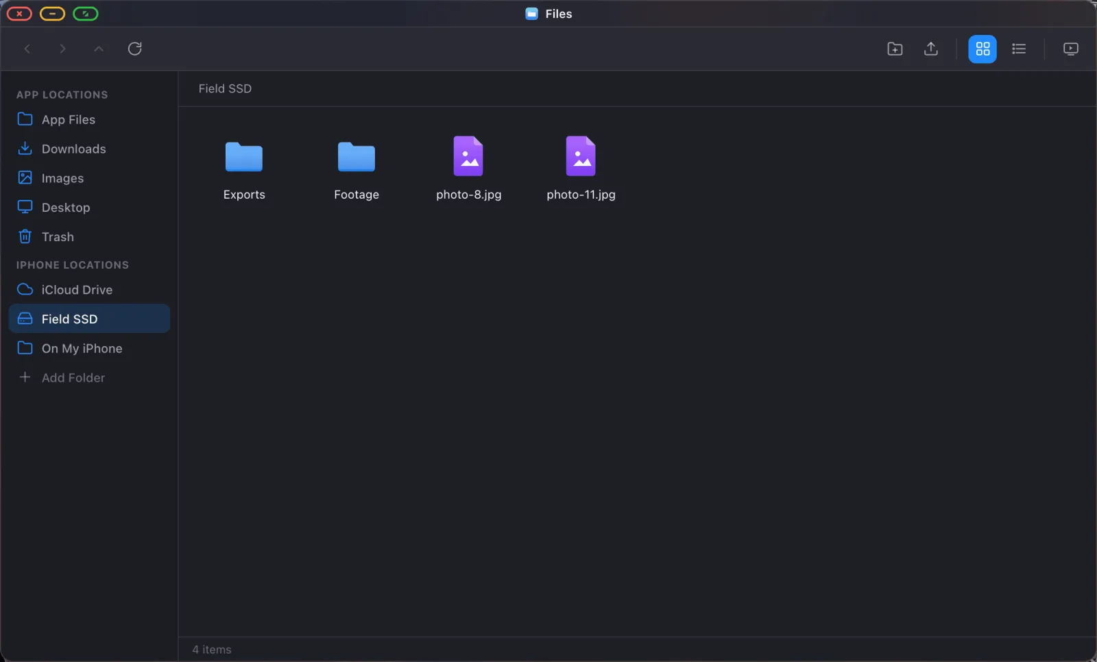 The Files app browsing a mounted external SSD named Field SSD.