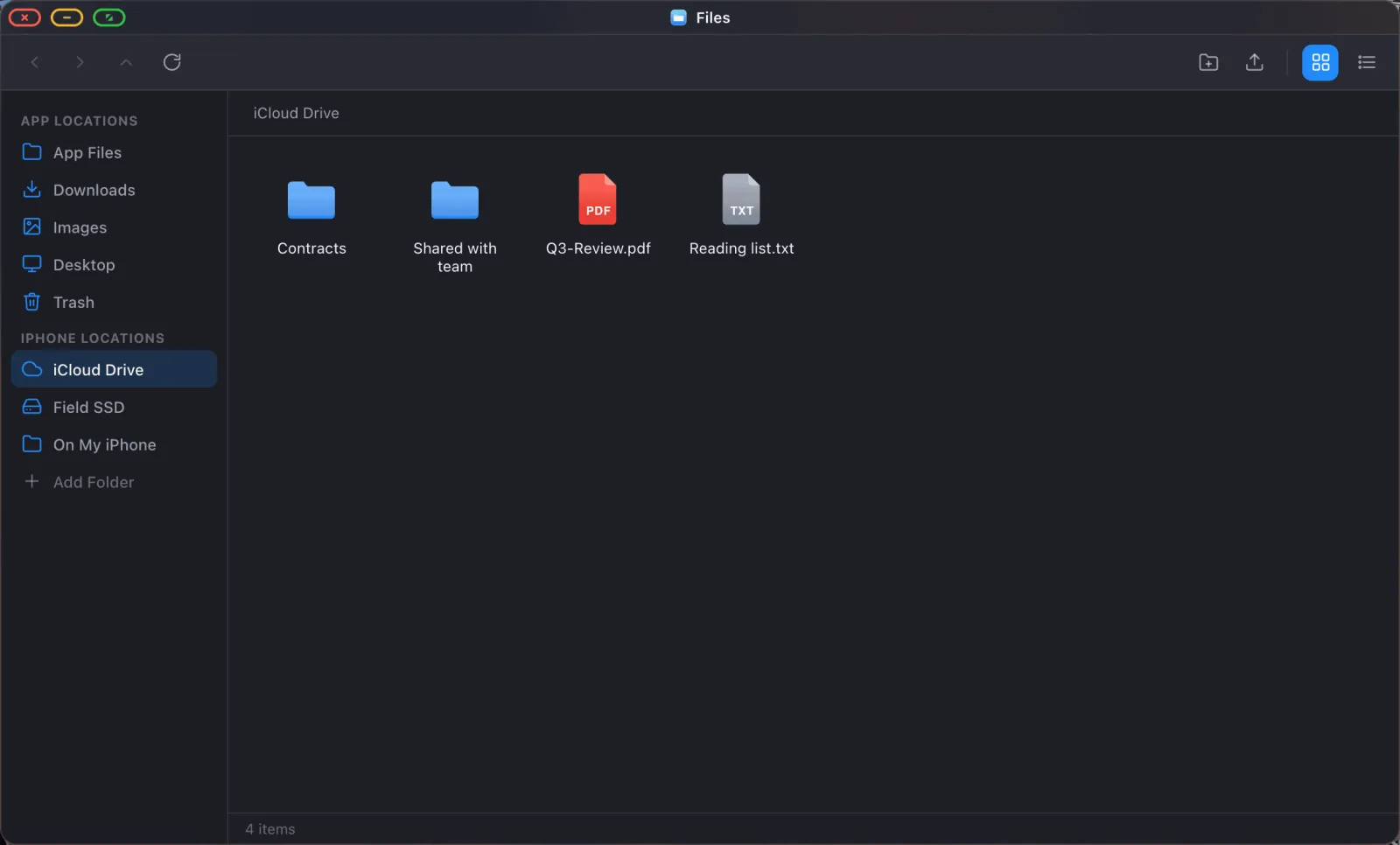 The Files app browsing a mounted iCloud Drive folder.