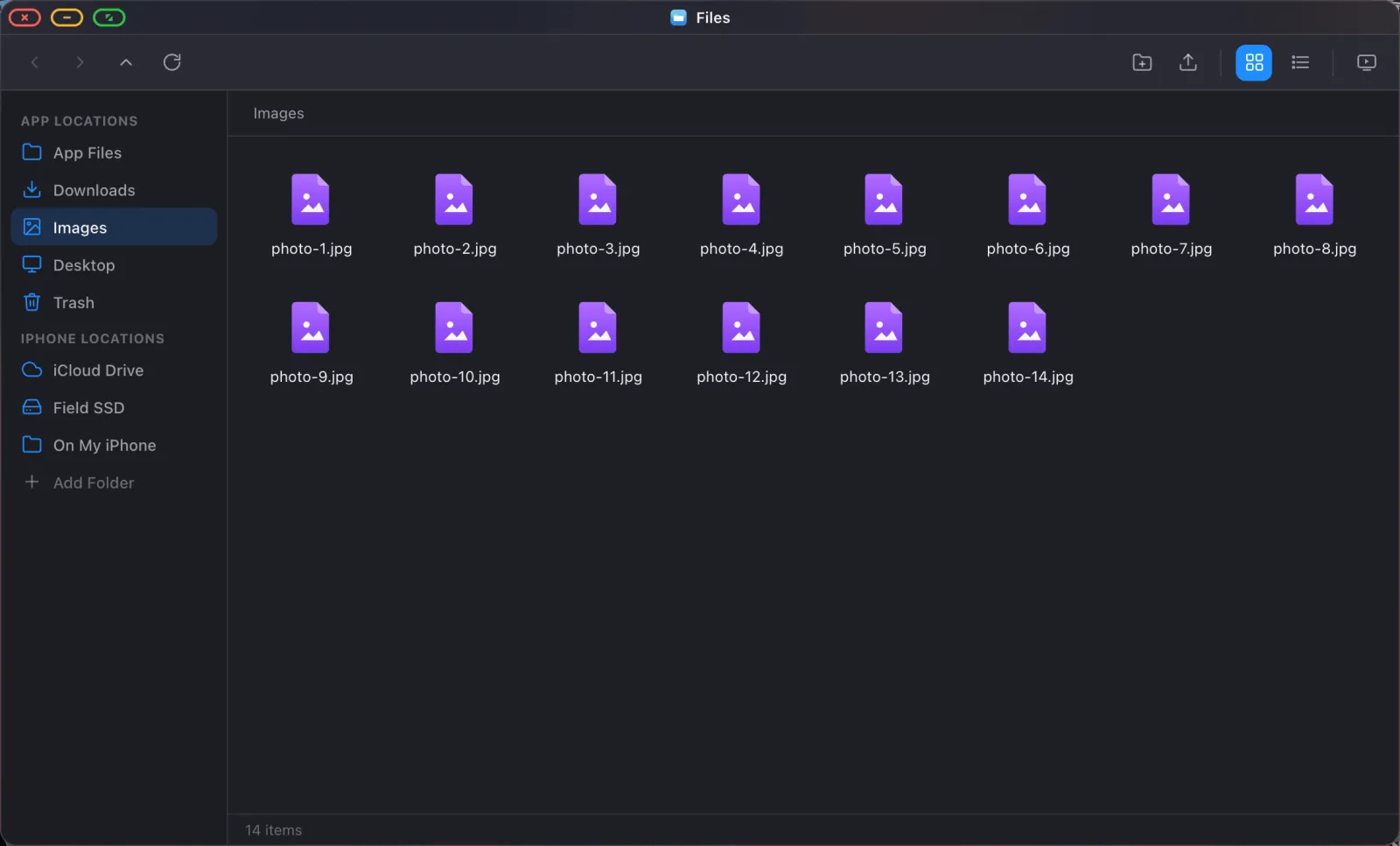 A folder of images in the XeOS Files app shown as a grid of thumbnails.
