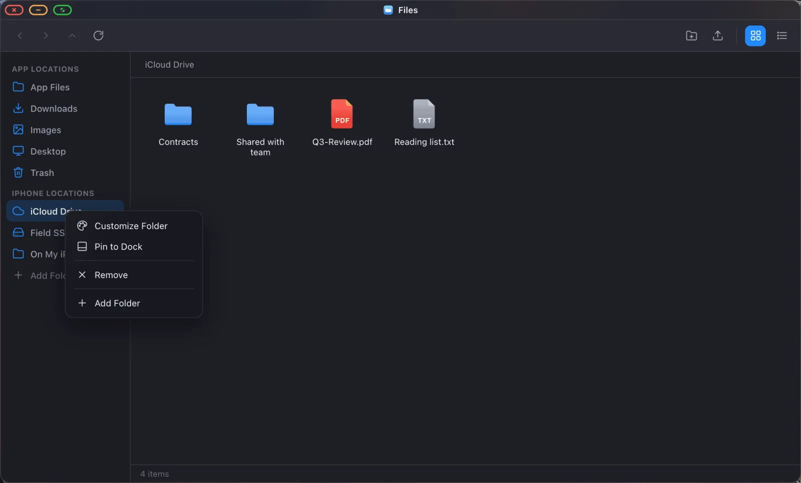Right-click menu on a sidebar location: Customize Folder, Pin to Dock, Remove, Add Folder.