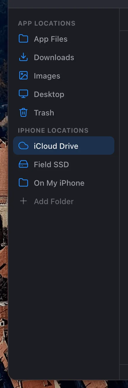 The Files sidebar, showing App Locations (App Files, Downloads, Images, Desktop, Trash) and iPhone Locations (iCloud Drive, Field SSD, On My iPhone) with an Add Folder row.