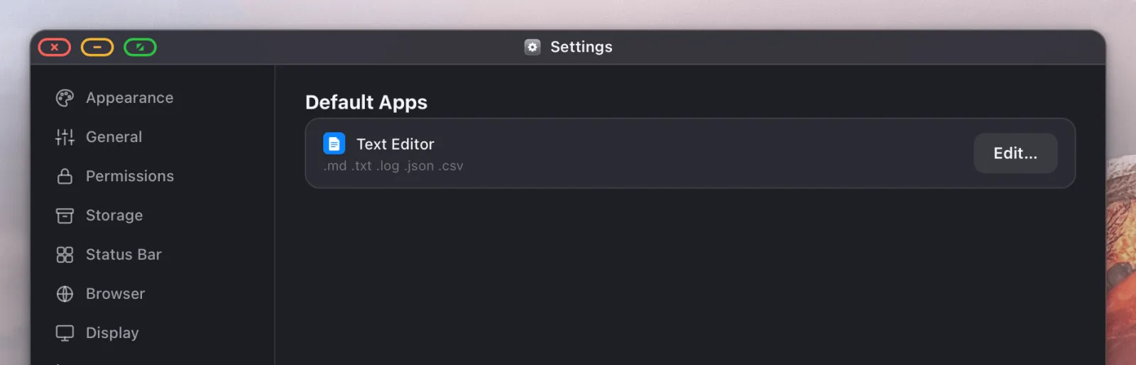 Settings, Default Apps, listing the Text Editor and the file types it opens.
