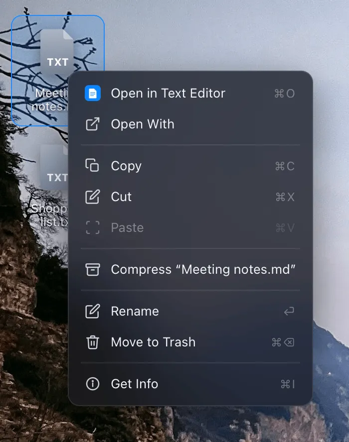 The right-click menu of a markdown file on the desktop, with Open in Text Editor as the first row.