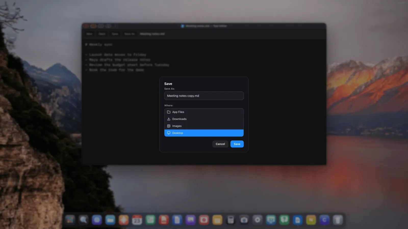 The XeOS Save panel over the Text Editor, with the name Meeting notes copy.md and the Desktop selected.
