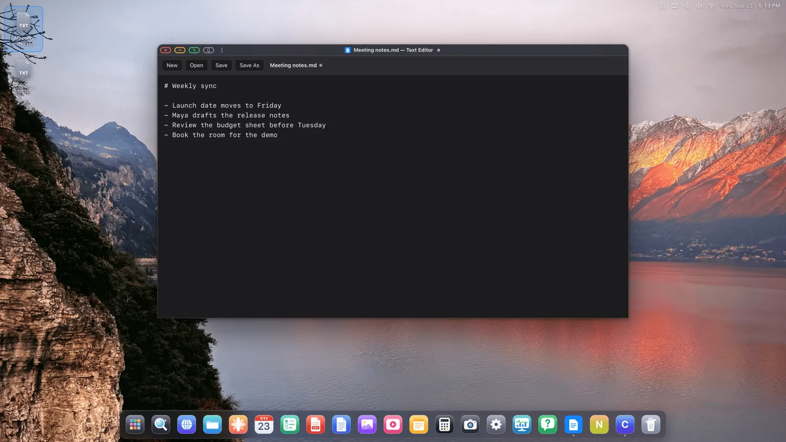 The Text Editor with an edited document and an unsaved-changes dot next to the window title.