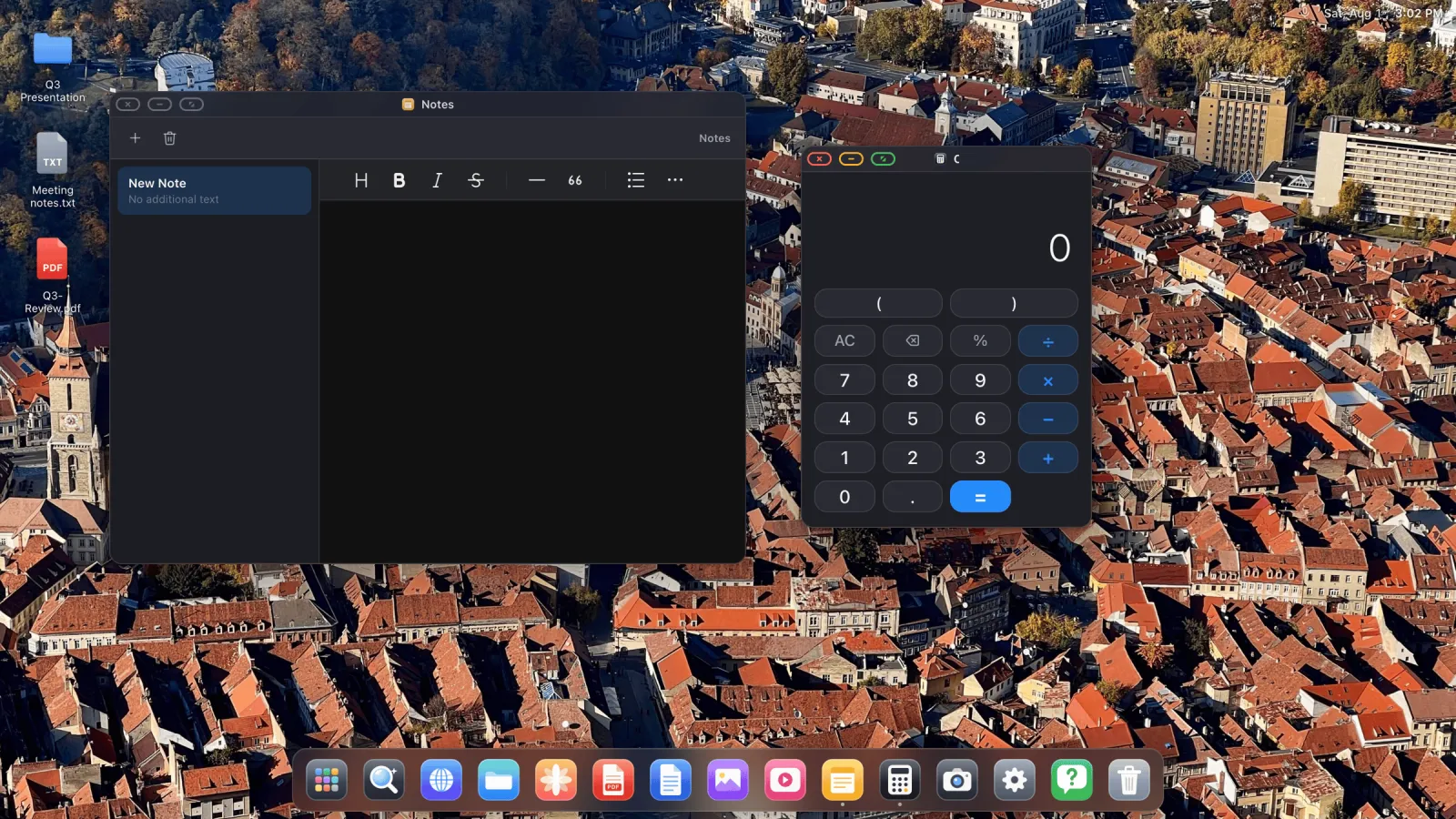 The Notes app and Calculator open side by side on the XeOS desktop.