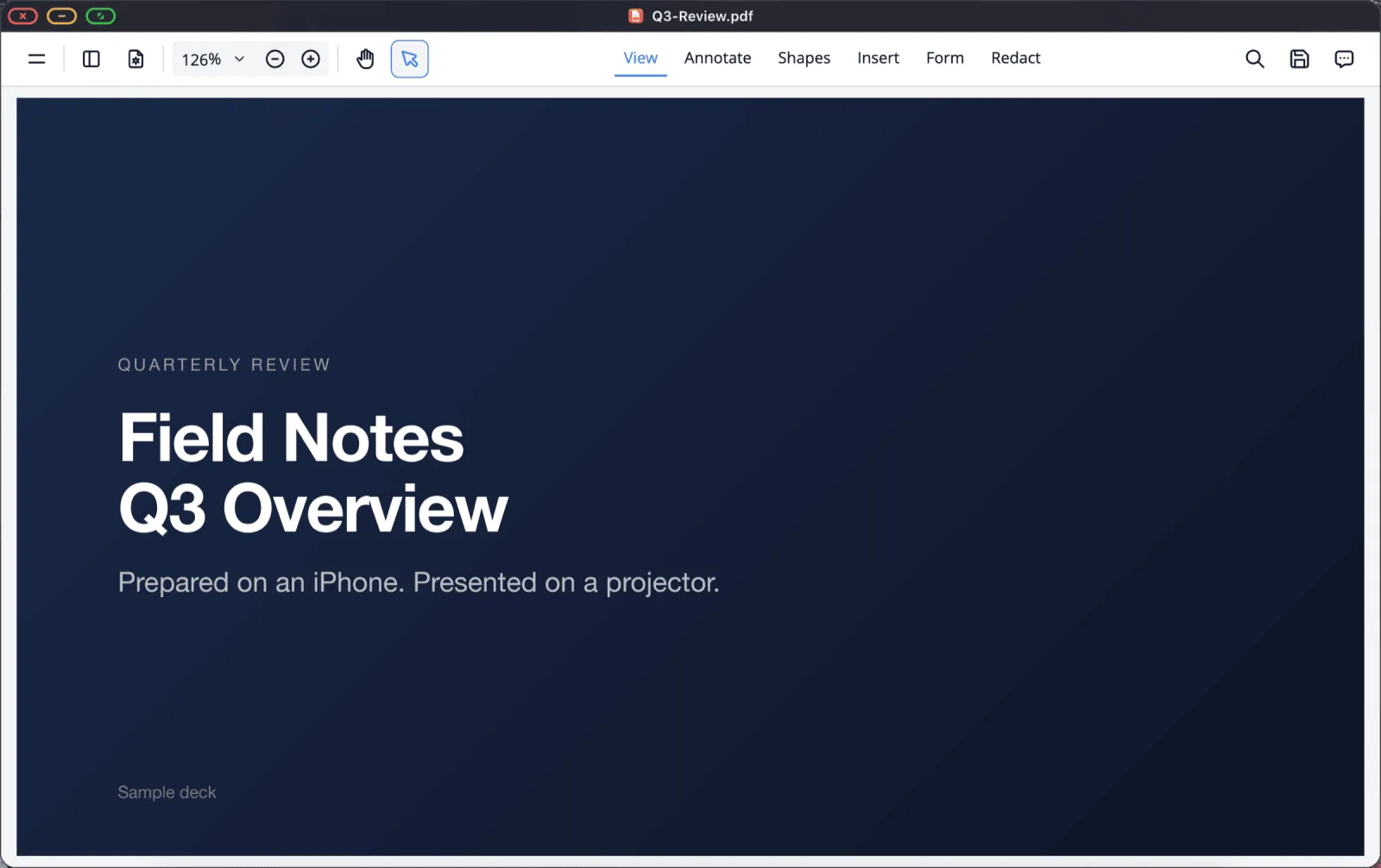 The XeOS PDF viewer showing a presentation slide, with a toolbar across the top.