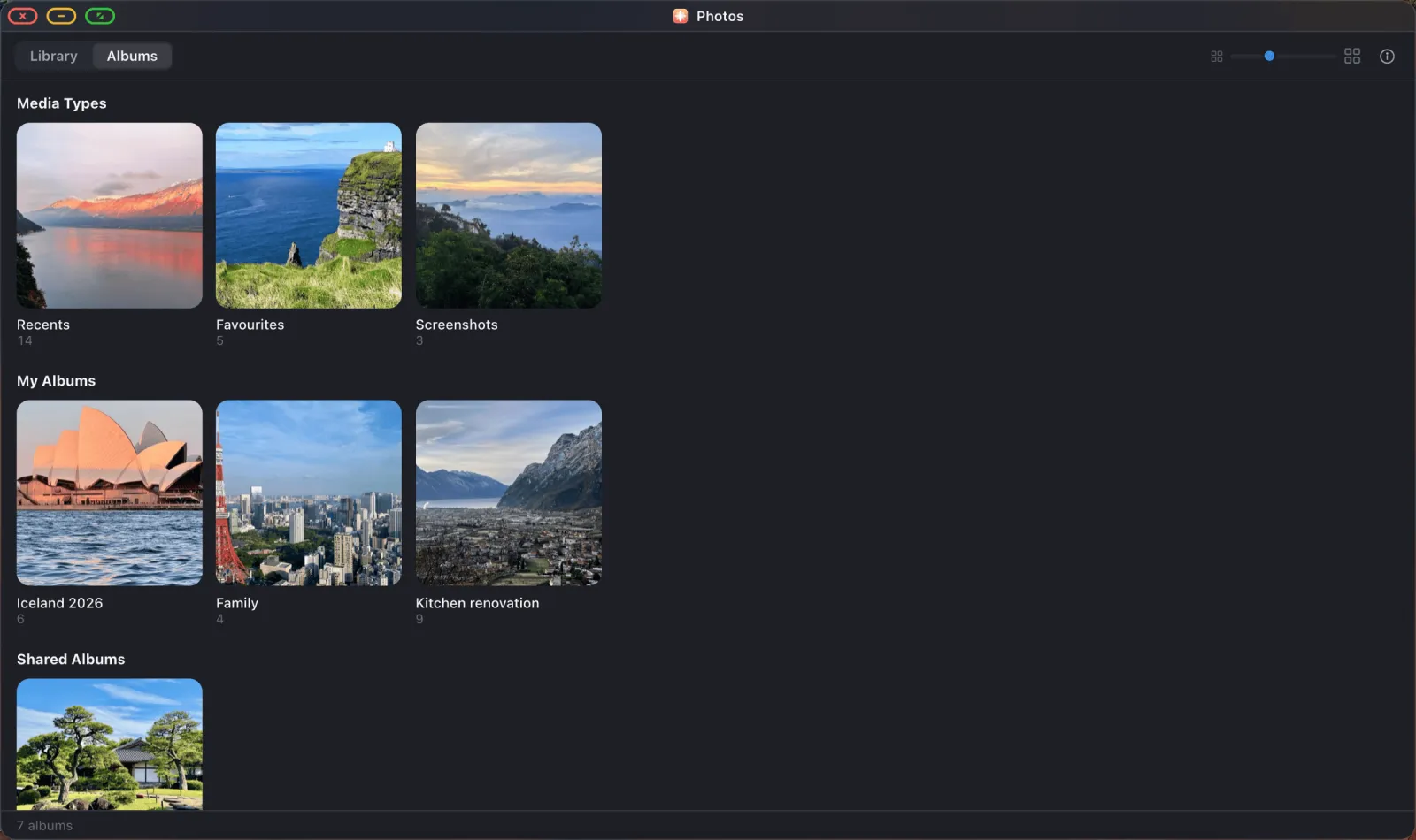 The albums view showing album covers with names and photo counts.