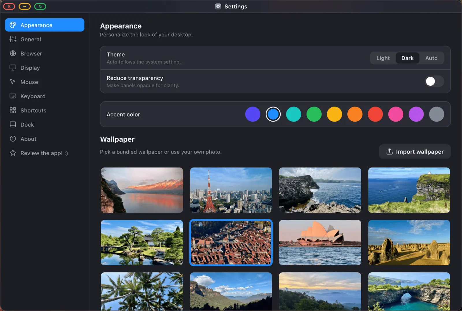 The Appearance pane in XeOS Settings with theme, accent and wallpaper options.