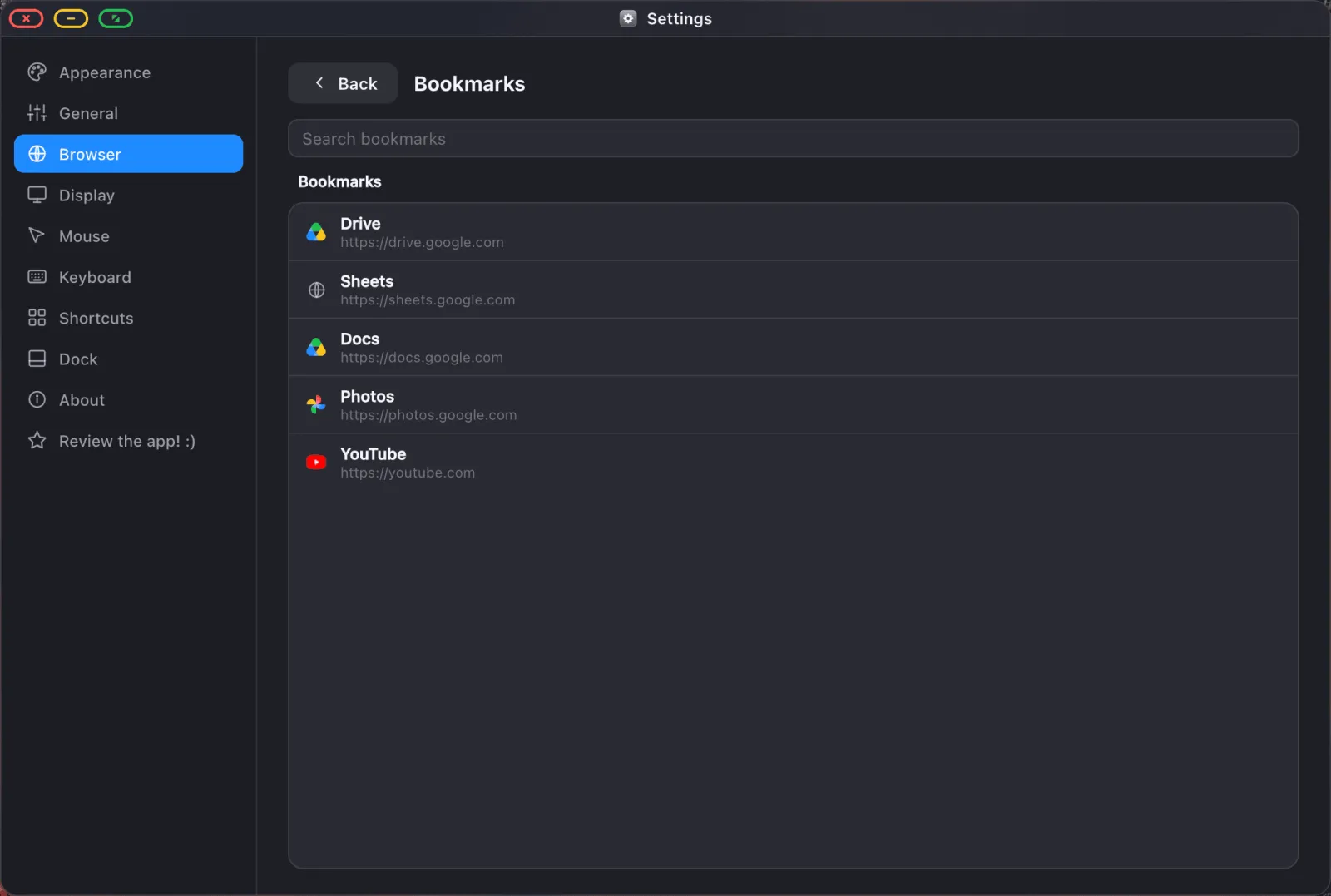 The bookmarks management screen in XeOS Settings.