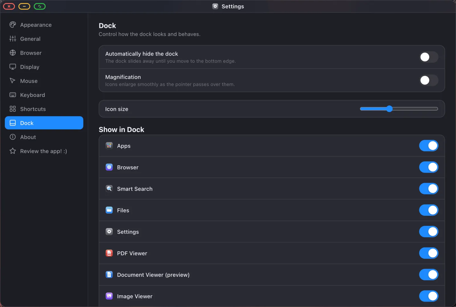 The Dock pane in XeOS Settings.