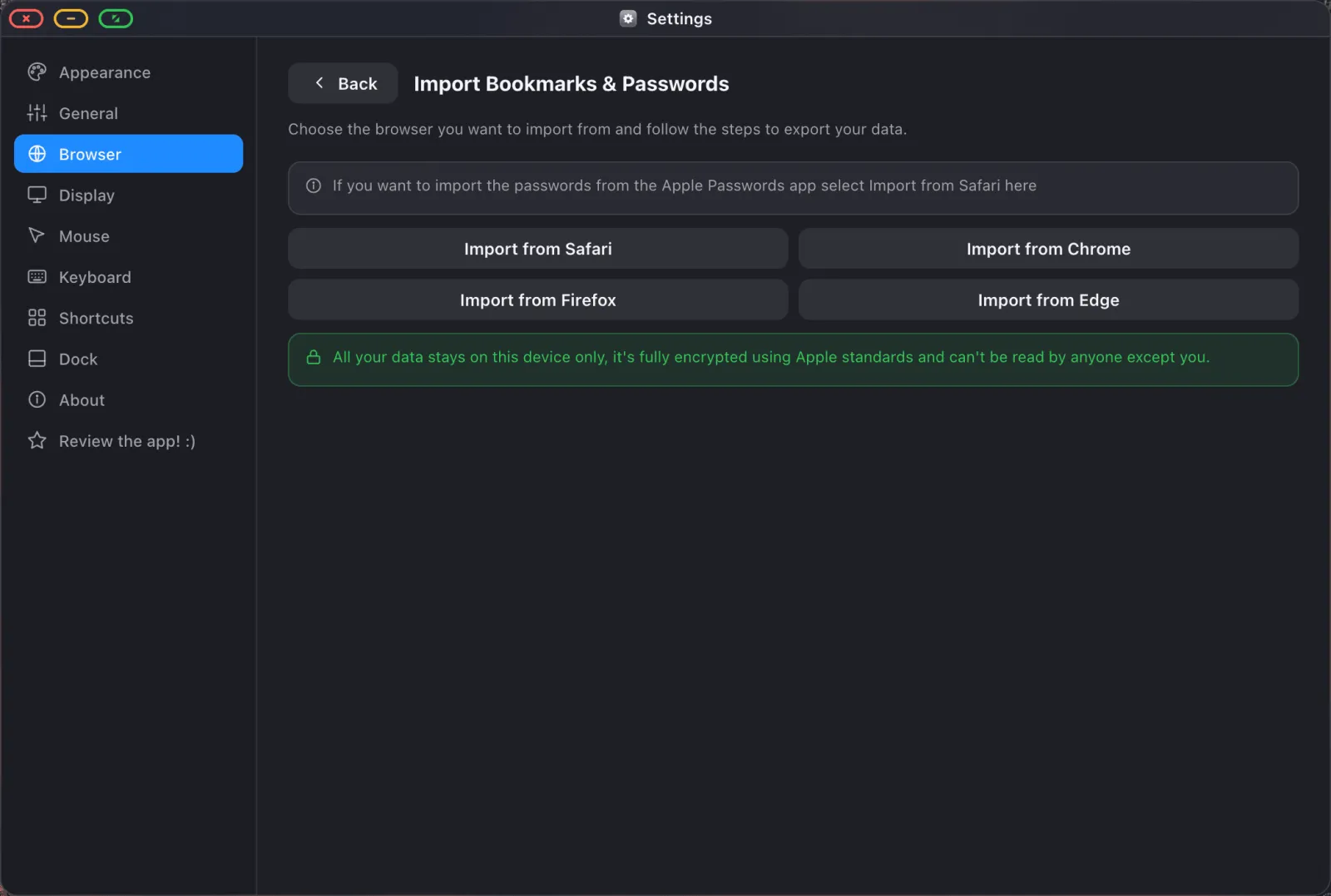The Import Bookmarks and Passwords screen, with buttons for Safari, Chrome, Firefox and Edge.