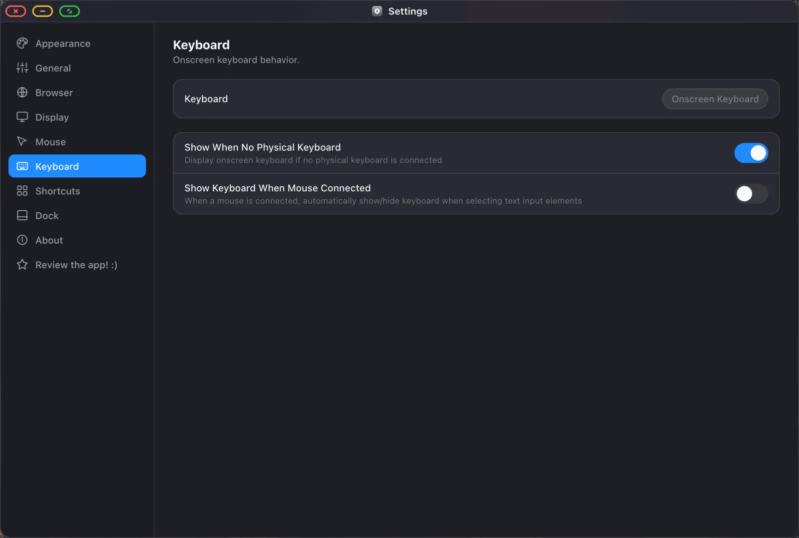 The Keyboard pane in XeOS Settings.
