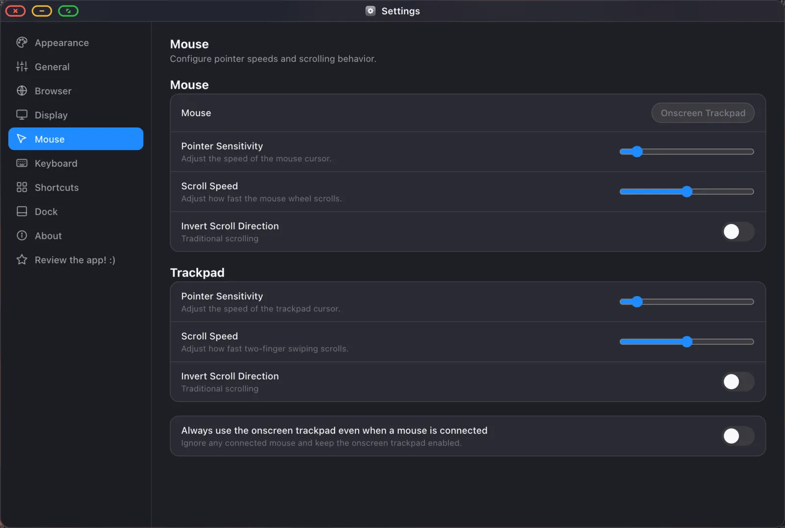 The Mouse pane in XeOS Settings, with sensitivity and scroll options.
