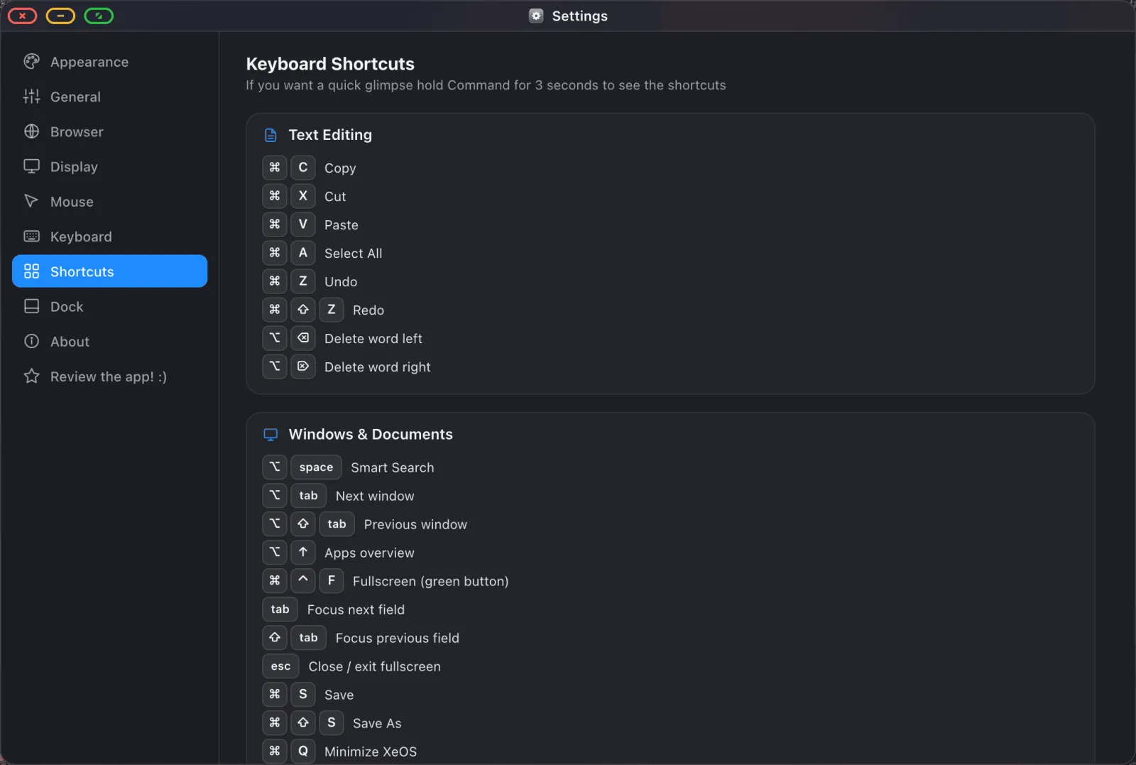 The Shortcuts pane in XeOS Settings.
