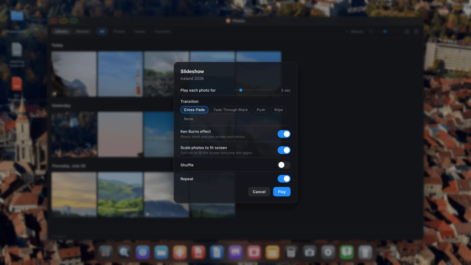 The slideshow options sheet with duration, transition, Ken Burns, scale to fit, shuffle and repeat controls.