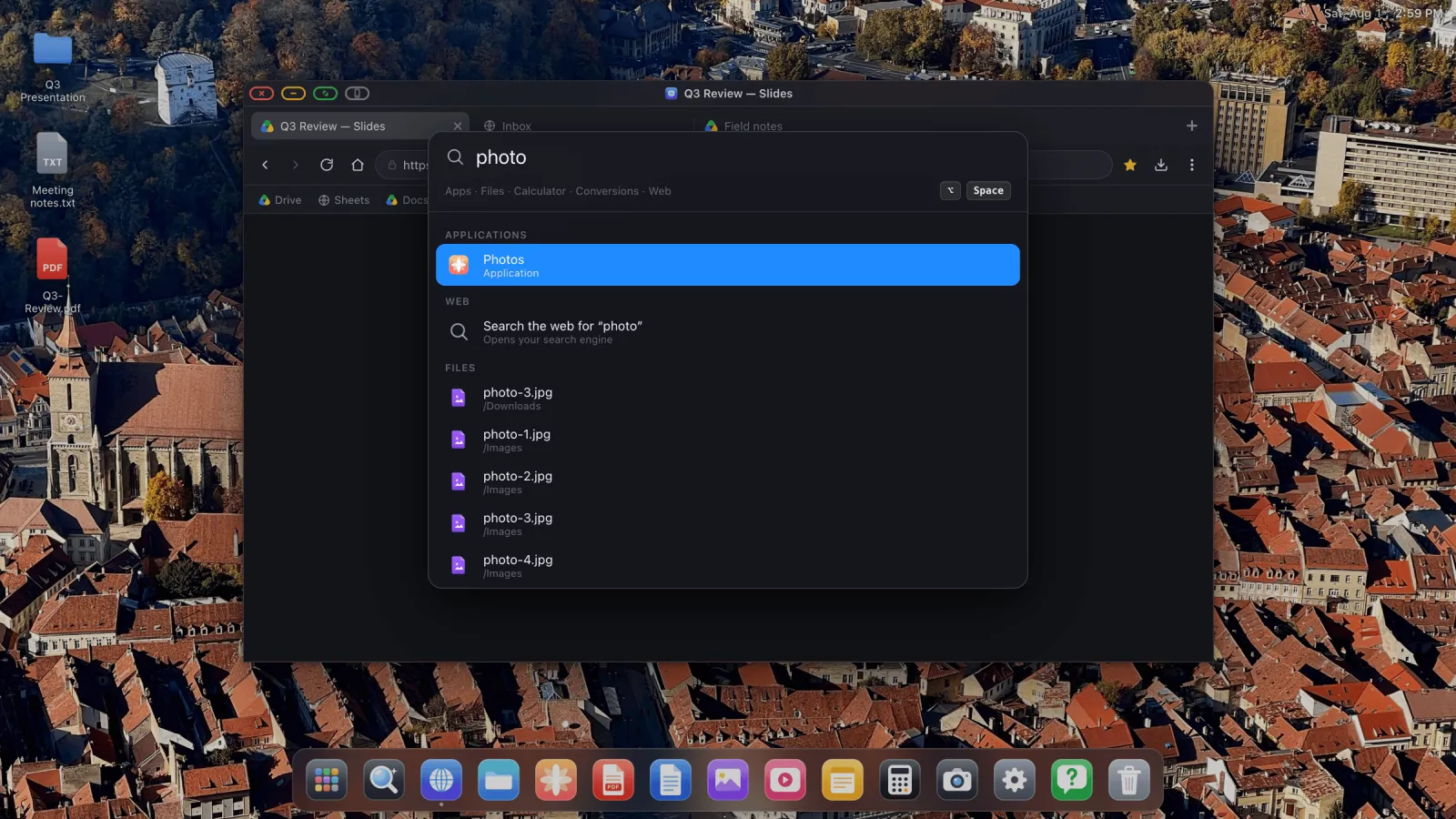 The search overlay open over the desktop with results for a typed query.