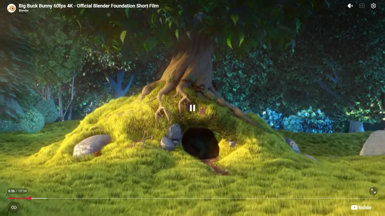 A YouTube video filling an entire 16:9 external display, with the player's own controls and progress bar along the bottom and no browser chrome anywhere.