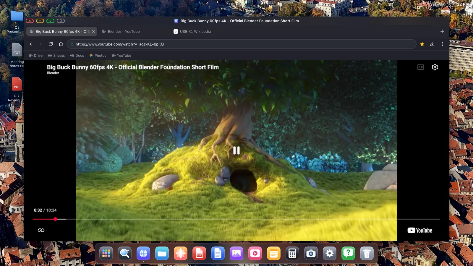 A YouTube video playing inside the XeOS browser window, with the tab strip, address bar and bookmarks bar above it.